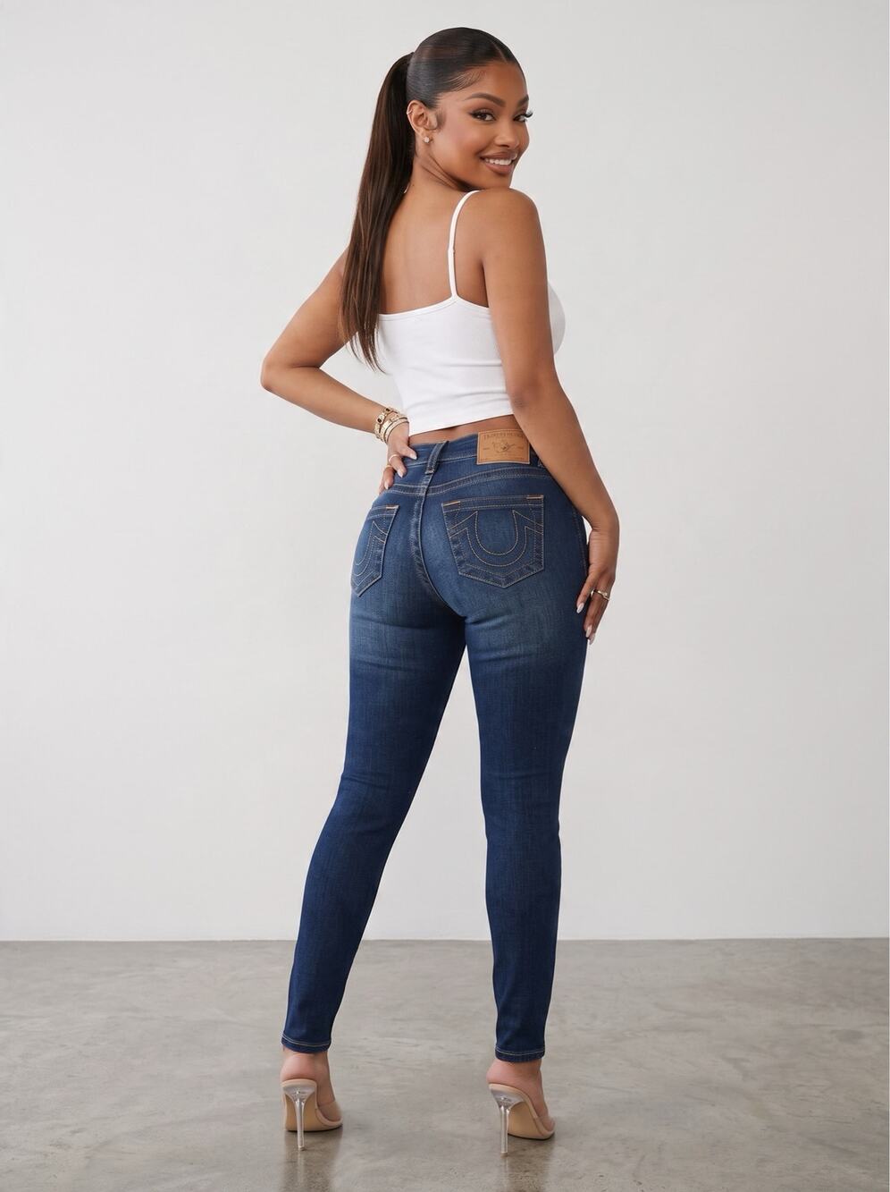 NWT True Religion Jennie Curvy Mid Rise Skinny Jeans 23” Dark Indigo Gold Stitch